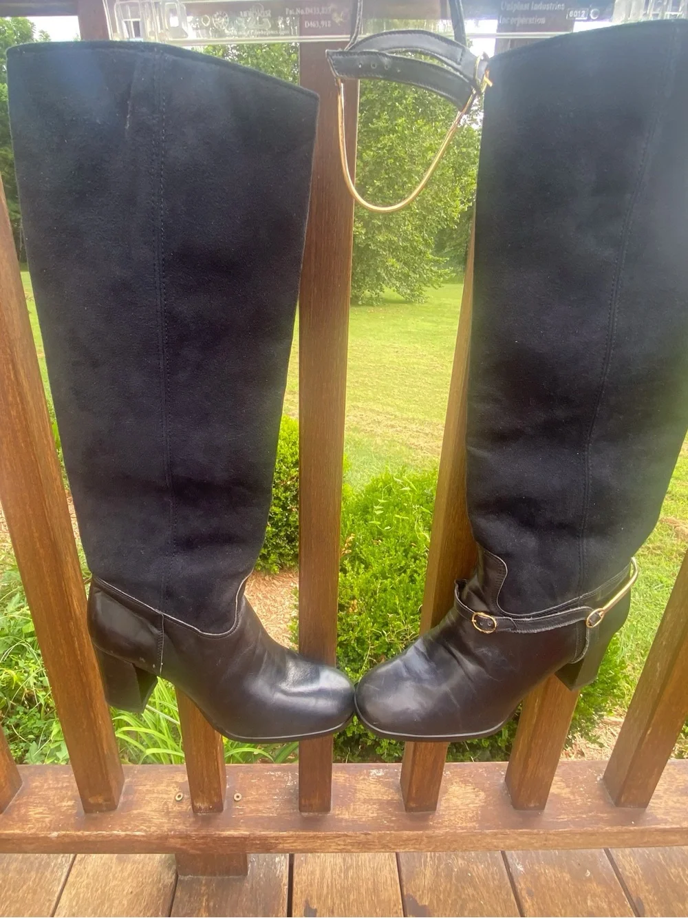 Women's Black Over-the-Knee Block Heel Boots with Buckle Accent